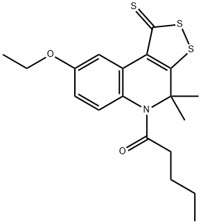 8-ethoxy-4,4-dimethyl-5-pentanoyl-4,5-dihydro-1H-[1,2]dithiolo[3,4-c]quinoline-1-thione Struktur