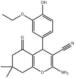 2-amino-4-(3-ethoxy-4-hydroxyphenyl)-7,7-dimethyl-5-oxo-5,6,7,8-tetrahydro-4H-chromene-3-carbonitrile Struktur