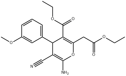 ethyl 6-amino-5-cyano-2-(2-ethoxy-2-oxoethyl)-4-(3-methoxyphenyl)-4H-pyran-3-carboxylate Struktur