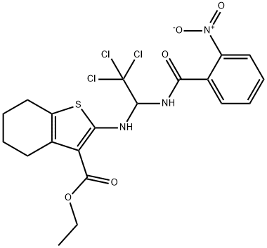 ethyl 2-{[2,2,2-trichloro-1-({2-nitrobenzoyl}amino)ethyl]amino}-4,5,6,7-tetrahydro-1-benzothiophene-3-carboxylate Struktur