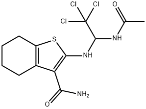 2-{[1-(acetylamino)-2,2,2-trichloroethyl]amino}-4,5,6,7-tetrahydro-1-benzothiophene-3-carboxamide Struktur