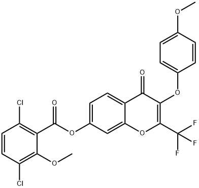 3-(4-methoxyphenoxy)-4-oxo-2-(trifluoromethyl)-4H-chromen-7-yl 3,6-dichloro-2-methoxybenzoate Struktur