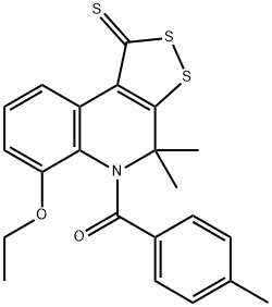 6-ethoxy-4,4-dimethyl-5-(4-methylbenzoyl)-4,5-dihydro-1H-[1,2]dithiolo[3,4-c]quinoline-1-thione Struktur