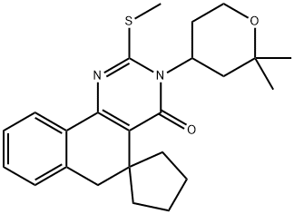 3-(2,2-dimethyltetrahydro-2H-pyran-4-yl)-2-(methylsulfanyl)-5,6-dihydrospiro(benzo[h]quinazoline-5,1'-cyclopentane)-4(3H)-one Struktur