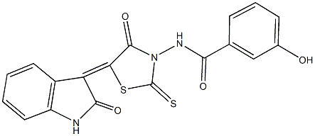 3-hydroxy-N-[4-oxo-5-(2-oxo-1,2-dihydro-3H-indol-3-ylidene)-2-thioxo-1,3-thiazolidin-3-yl]benzamide Struktur