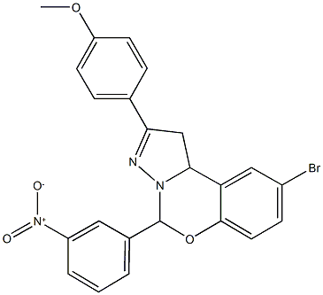 9-bromo-5-{3-nitrophenyl}-2-[4-(methyloxy)phenyl]-1,10b-dihydropyrazolo[1,5-c][1,3]benzoxazine Struktur