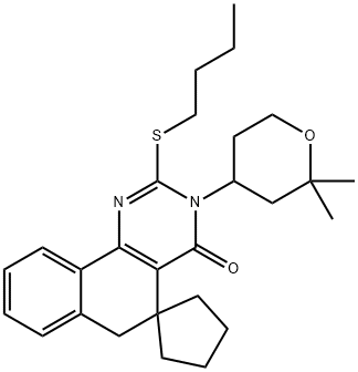 2-(butylsulfanyl)-3-(2,2-dimethyltetrahydro-2H-pyran-4-yl)-5,6-dihydro-4(3H)-oxospiro(benzo[h]quinazoline-5,1'-cyclopentane) Struktur