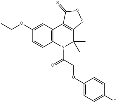 8-ethoxy-5-[(4-fluorophenoxy)acetyl]-4,4-dimethyl-4,5-dihydro-1H-[1,2]dithiolo[3,4-c]quinoline-1-thione Struktur