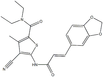 5-{[3-(1,3-benzodioxol-5-yl)acryloyl]amino}-4-cyano-N,N-diethyl-3-methyl-2-thiophenecarboxamide Struktur