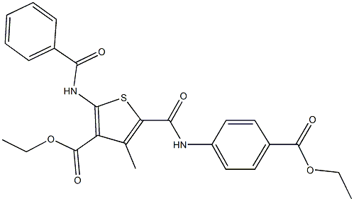 ethyl 2-(benzoylamino)-5-{[4-(ethoxycarbonyl)anilino]carbonyl}-4-methyl-3-thiophenecarboxylate Struktur