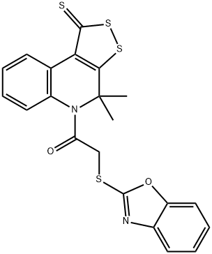 5-[(1,3-benzoxazol-2-ylsulfanyl)acetyl]-4,4-dimethyl-4,5-dihydro-1H-[1,2]dithiolo[3,4-c]quinoline-1-thione Struktur