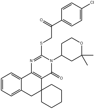 2-{[2-(4-chlorophenyl)-2-oxoethyl]sulfanyl}-3-(2,2-dimethyltetrahydro-2H-pyran-4-yl)-5,6-dihydrospiro(benzo[h]quinazoline-5,1'-cyclohexane)-4(3H)-one Struktur