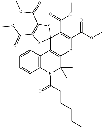 tetramethyl 6'-hexanoyl-5',5'-dimethyl-5',6'-dihydrospiro[1,3-dithiole-2,1'-(1'H)-thiopyrano[2,3-c]quinoline]-2',3',4,5-tetracarboxylate Struktur