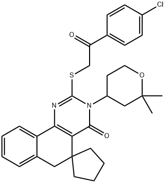 2-{[2-(4-chlorophenyl)-2-oxoethyl]sulfanyl}-3-(2,2-dimethyltetrahydro-2H-pyran-4-yl)-5,6-dihydro-4(3H)-oxospiro(benzo[h]quinazoline-5,1'-cyclopentane) Struktur