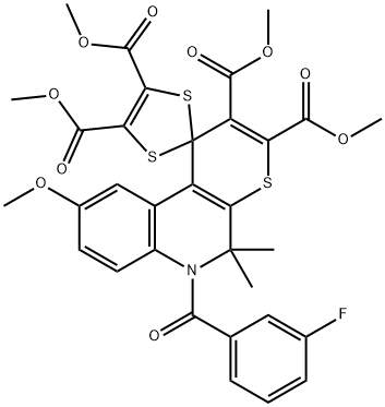 tetramethyl 6'-(3-fluorobenzoyl)-9'-methoxy-5',5'-dimethyl-5',6'-dihydrospiro(1,3-dithiole-2,1'-[1'H]-thiopyrano[2,3-c]quinoline)-2',3',4,5-tetracarboxylate Struktur