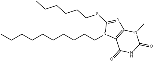 7-decyl-8-(hexylsulfanyl)-3-methyl-3,7-dihydro-1H-purine-2,6-dione Struktur