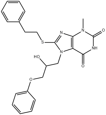 7-(2-hydroxy-3-phenoxypropyl)-3-methyl-8-[(2-phenylethyl)sulfanyl]-3,7-dihydro-1H-purine-2,6-dione Struktur