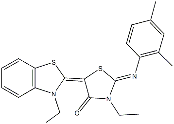 2-[(2,4-dimethylphenyl)imino]-3-ethyl-5-(3-ethyl-1,3-benzothiazol-2(3H)-ylidene)-1,3-thiazolidin-4-one Struktur