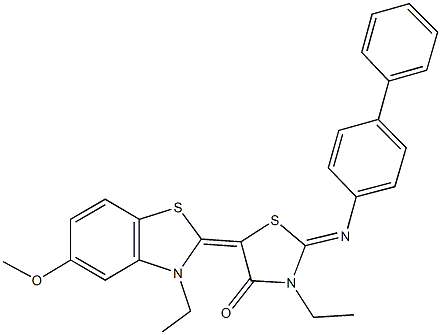 2-([1,1'-biphenyl]-4-ylimino)-3-ethyl-5-(3-ethyl-5-methoxy-1,3-benzothiazol-2(3H)-ylidene)-1,3-thiazolidin-4-one Struktur