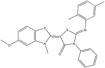 2-[(2,5-dimethylphenyl)imino]-5-(5-methoxy-3-methyl-1,3-benzothiazol-2(3H)-ylidene)-3-phenyl-1,3-thiazolidin-4-one Struktur