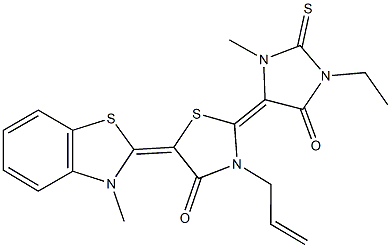 3-allyl-2-(1-ethyl-3-methyl-5-oxo-2-thioxo-4-imidazolidinylidene)-5-(3-methyl-1,3-benzothiazol-2(3H)-ylidene)-1,3-thiazolidin-4-one Struktur