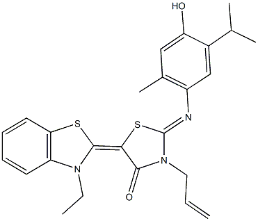 3-allyl-5-(3-ethyl-1,3-benzothiazol-2(3H)-ylidene)-2-[(4-hydroxy-5-isopropyl-2-methylphenyl)imino]-1,3-thiazolidin-4-one Struktur