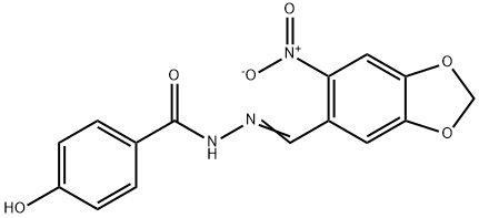 4-hydroxy-N'-({6-nitro-1,3-benzodioxol-5-yl}methylene)benzohydrazide Struktur