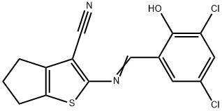 2-[(3,5-dichloro-2-hydroxybenzylidene)amino]-5,6-dihydro-4H-cyclopenta[b]thiophene-3-carbonitrile Struktur