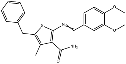 5-benzyl-2-[(3,4-dimethoxybenzylidene)amino]-4-methyl-3-thiophenecarboxamide Struktur