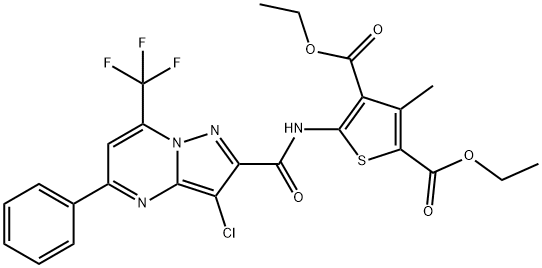 diethyl 5-({[3-chloro-5-phenyl-7-(trifluoromethyl)pyrazolo[1,5-a]pyrimidin-2-yl]carbonyl}amino)-3-methyl-2,4-thiophenedicarboxylate Struktur