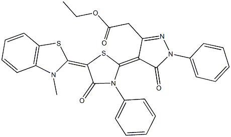 ethyl {4-[5-(3-methyl-1,3-benzothiazol-2(3H)-ylidene)-4-oxo-3-phenyl-1,3-thiazolidin-2-ylidene]-5-oxo-1-phenyl-4,5-dihydro-1H-pyrazol-3-yl}acetate Struktur