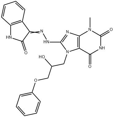 7-(2-hydroxy-3-phenoxypropyl)-3-methyl-8-[2-(2-oxo-1,2-dihydro-3H-indol-3-ylidene)hydrazino]-3,7-dihydro-1H-purine-2,6-dione Struktur