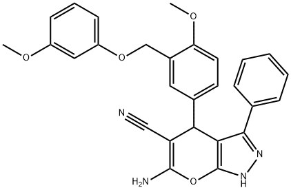 6-amino-4-{4-methoxy-3-[(3-methoxyphenoxy)methyl]phenyl}-3-phenyl-1,4-dihydropyrano[2,3-c]pyrazole-5-carbonitrile Struktur