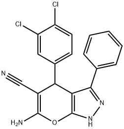 6-amino-4-(3,4-dichlorophenyl)-3-phenyl-1,4-dihydropyrano[2,3-c]pyrazole-5-carbonitrile Struktur