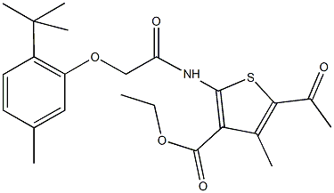 ethyl 5-acetyl-2-{[(2-tert-butyl-5-methylphenoxy)acetyl]amino}-4-methyl-3-thiophenecarboxylate Struktur