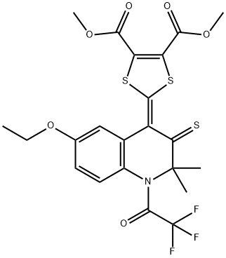 dimethyl 2-(6-ethoxy-2,2-dimethyl-3-thioxo-1-(trifluoroacetyl)-2,3-dihydro-4(1H)-quinolinylidene)-1,3-dithiole-4,5-dicarboxylate Struktur