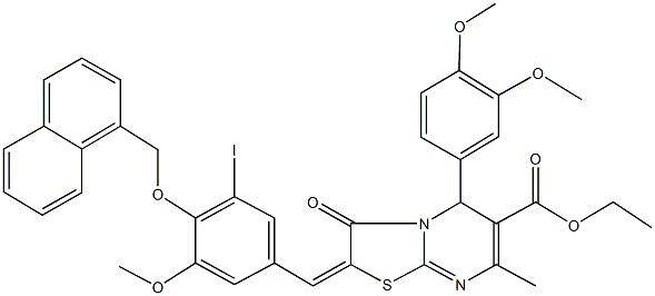 ethyl 5-(3,4-dimethoxyphenyl)-2-[3-iodo-5-methoxy-4-(1-naphthylmethoxy)benzylidene]-7-methyl-3-oxo-2,3-dihydro-5H-[1,3]thiazolo[3,2-a]pyrimidine-6-carboxylate Struktur