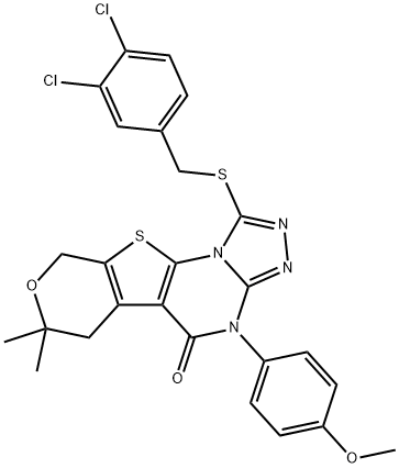 1-[(3,4-dichlorobenzyl)sulfanyl]-4-(4-methoxyphenyl)-7,7-dimethyl-6,9-dihydro-7H-pyrano[4',3':4,5]thieno[3,2-e][1,2,4]triazolo[4,3-a]pyrimidin-5(4H)-one Struktur