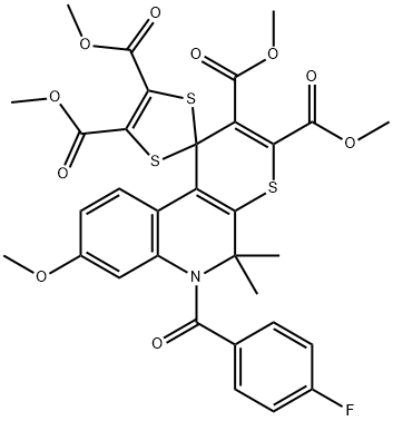 dimethyl 6'-(4-fluorobenzoyl)-8'-methoxy-5',5'-dimethyl-5',6'-dihydrospiro(1,3-dithiole-2,1'-[1'H]-thiopyrano[2,3-c]quinoline)-2',3',4,5-tetracarboxylate Struktur