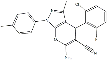 6-amino-4-(2-chloro-6-fluorophenyl)-3-methyl-1-(4-methylphenyl)-1,4-dihydropyrano[2,3-c]pyrazole-5-carbonitrile Struktur