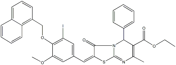 ethyl 2-[3-iodo-5-methoxy-4-(1-naphthylmethoxy)benzylidene]-7-methyl-3-oxo-5-phenyl-2,3-dihydro-5H-[1,3]thiazolo[3,2-a]pyrimidine-6-carboxylate Struktur