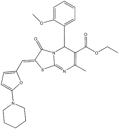 ethyl 5-(2-methoxyphenyl)-7-methyl-3-oxo-2-{[5-(1-piperidinyl)-2-furyl]methylene}-2,3-dihydro-5H-[1,3]thiazolo[3,2-a]pyrimidine-6-carboxylate Struktur