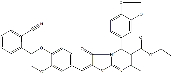 ethyl 5-(1,3-benzodioxol-5-yl)-2-{4-[(2-cyanobenzyl)oxy]-3-methoxybenzylidene}-7-methyl-3-oxo-2,3-dihydro-5H-[1,3]thiazolo[3,2-a]pyrimidine-6-carboxylate Struktur