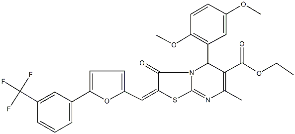 ethyl 5-(2,5-dimethoxyphenyl)-7-methyl-3-oxo-2-({5-[3-(trifluoromethyl)phenyl]-2-furyl}methylene)-2,3-dihydro-5H-[1,3]thiazolo[3,2-a]pyrimidine-6-carboxylate Struktur