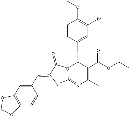 ethyl 2-(1,3-benzodioxol-5-ylmethylene)-5-(3-bromo-4-methoxyphenyl)-7-methyl-3-oxo-2,3-dihydro-5H-[1,3]thiazolo[3,2-a]pyrimidine-6-carboxylate Struktur