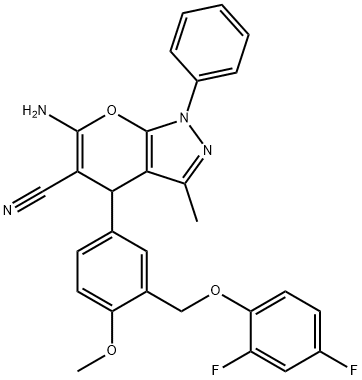 6-amino-4-{3-[(2,4-difluorophenoxy)methyl]-4-methoxyphenyl}-3-methyl-1-phenyl-1,4-dihydropyrano[2,3-c]pyrazole-5-carbonitrile Struktur