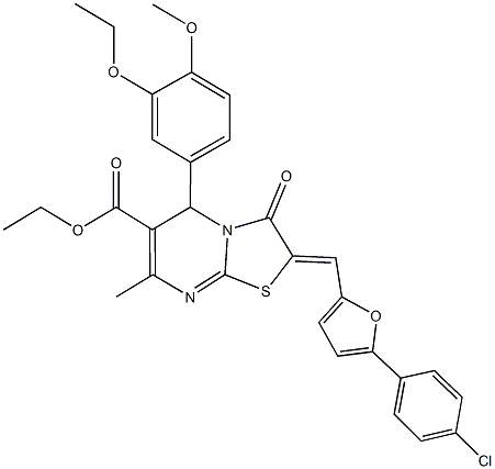 ethyl 2-{[5-(4-chlorophenyl)-2-furyl]methylene}-5-(3-ethoxy-4-methoxyphenyl)-7-methyl-3-oxo-2,3-dihydro-5H-[1,3]thiazolo[3,2-a]pyrimidine-6-carboxylate Struktur