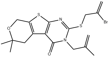 2-[(2-bromo-2-propenyl)sulfanyl]-6,6-dimethyl-3-(2-methyl-2-propenyl)-3,5,6,8-tetrahydro-4H-pyrano[4',3':4,5]thieno[2,3-d]pyrimidin-4-one Struktur