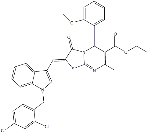 ethyl 2-{[1-(2,4-dichlorobenzyl)-1H-indol-3-yl]methylene}-5-(2-methoxyphenyl)-7-methyl-3-oxo-2,3-dihydro-5H-[1,3]thiazolo[3,2-a]pyrimidine-6-carboxylate Struktur