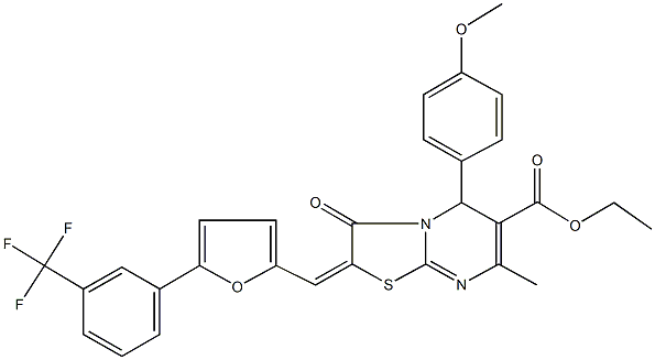 ethyl 5-(4-methoxyphenyl)-7-methyl-3-oxo-2-({5-[3-(trifluoromethyl)phenyl]-2-furyl}methylene)-2,3-dihydro-5H-[1,3]thiazolo[3,2-a]pyrimidine-6-carboxylate Struktur